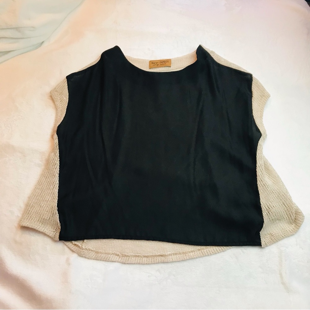 Karen Zambos Vintage Couture Blouse Shirt Knit Sheer Black Beige Large *Flaw*